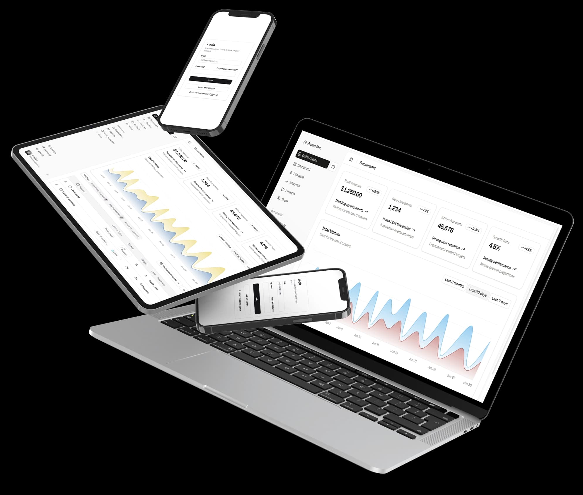 A laptop, a phone and a tablet hovering on top of each other
